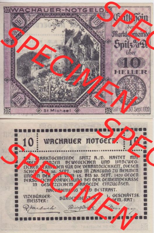 Notgeldscheine Niederösterreich Sankt Michael am Bruckbach 1920, 10 Heller. Vorderseite und Rückseite des Notgeldscheins auf einen Digitalen Bild zu katalogisieren der eigenen Notgeld-Sammlung... Sammlung