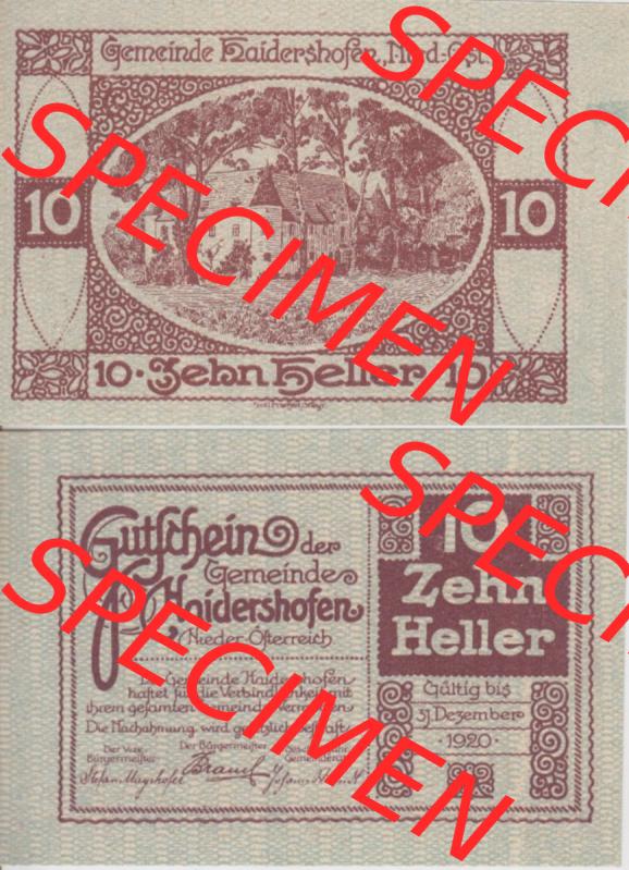 Notgeldscheine Niederösterreich Haidershofen 1920, 10 Heller. Vorderseite und Rückseite des Notgeldscheins auf einen Digitalen Bild zu katalogisieren der eigenen Notgeld-Sammlung... Sammlung