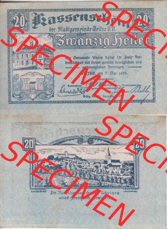 Notgeldscheine Niederösterreich Stadt-Gemeinde Weitra 1920, 20 Heller. Vorderseite und Rückseite des Notgeldscheins auf einen Digitalen Bild zu katalogisieren der eigenen Notgeld-Sammlung... Sammlung
