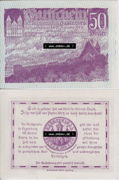 Notgeldscheine Niederösterreich Eggenburg 1920, 50 Heller III. Vorderseite und Rückseite des Notgeldscheins auf einen Digitalen... Sammlung