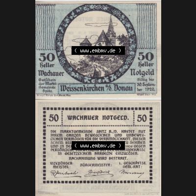 Notgeldscheine Niederösterreich Weissenkirchen in der Wachau, Wachauer Notgeld 1920, 50 Heller. Vorderseite und Rückseite des Notgeldscheins auf einen Digitalen Bild zu katalogisieren... Sammlung
