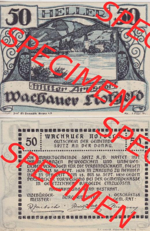 Notgeldscheine Niederösterreich Mitterarnsdorf Wachauer Notgeld 1920, 50 Heller Wachauer Notgeld. Vorderseite und Rückseite des Notgeldscheins auf einen Digitalen Bild zu katalogisieren... Sammlung