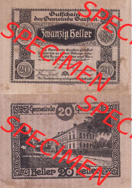 Notgeldscheine Oberösterreich Gemeinde Garsten 192x, 20 Heller. Vorderseite und Rückseite auf einen Digitalen Bild des oberösterreichischen Notgeldscheins im online Katalog... Sammlung