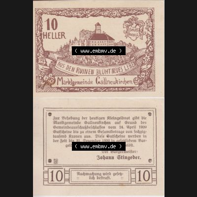 Notgeldscheine Oberösterreich Gallneukirchen 1920, 10 Heller. Vorderseite und Rückseite auf einen Digitalen Bild des oberösterreichischen Notgeldscheins im online Katalog für... Sammlung