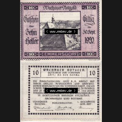 Notgeldscheine Niederösterreich Emmersdorf Wachauer Notgeld 1920, 10 Heller. Vorderseite und Rückseite des Notgeldscheins auf einen Digitalen Bild zu katalogisieren der eigenen Notgeld-Sammlung... Sammlung