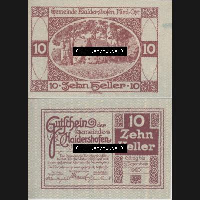 Notgeldscheine Niederösterreich Haidershofen 1920, 10 Heller. Vorderseite und Rückseite des Notgeldscheins auf einen Digitalen Bild zu katalogisieren der eigenen Notgeld-Sammlung... Sammlung