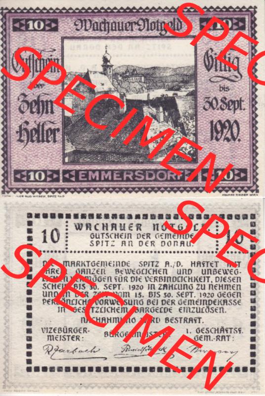 Notgeldscheine Niederösterreich Emmersdorf Wachauer Notgeld 1920, 10 Heller. Vorderseite und Rückseite des Notgeldscheins auf einen Digitalen Bild zu katalogisieren der eigenen Notgeld-Sammlung... Sammlung