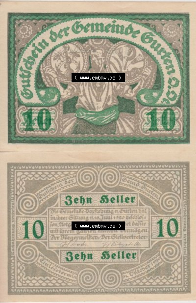 Notgeldscheine Oberösterreich Gurten, Gemeinde 1920, 10 Heller. Vorderseite und Rückseite auf einen Digitalen Bild des oberösterreichischen... Sammlung