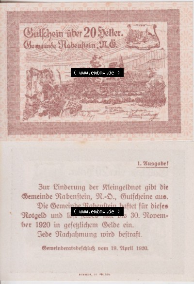 Notgeldscheine Niederösterreich Gemeinde Rabenstein 1920, 20 Heller. Vorderseite und Rückseite des Notgeldscheins auf einen... Sammlung