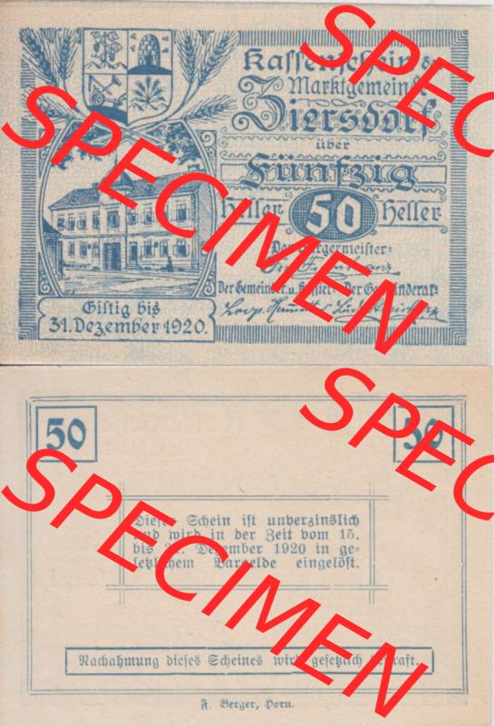 Notgeldscheine Niederösterreich Ziersdorf 1920, 50 Heller. Vorderseite und Rückseite des Notgeldscheins auf einen Digitalen Bild zu katalogisieren der eigenen Notgeld-Sammlung im... Sammlung