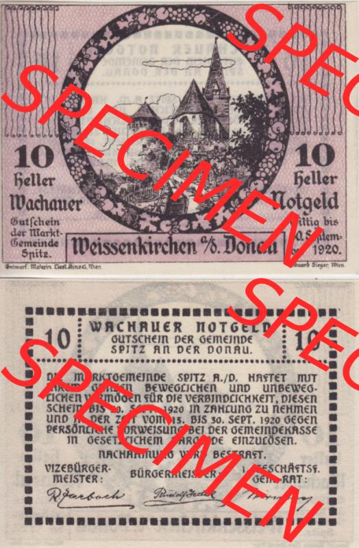 Notgeldscheine Niederösterreich Weissenkirchen in der Wachau, Wachauer Notgeld 1920, 10 Heller. Vorderseite und Rückseite des Notgeldscheins auf einen Digitalen Bild zu katalogisieren... Sammlung
