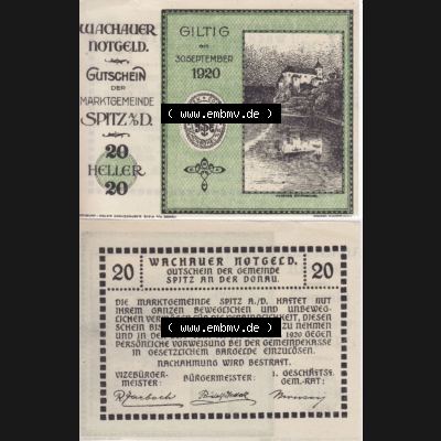 Notgeldscheine Niederösterreich Spitz Wachauer Notgeld 1920, I. 20 Heller. Vorderseite und Rückseite des Notgeldscheins auf einen Digitalen Bild zu katalogisieren der eigenen... Sammlung