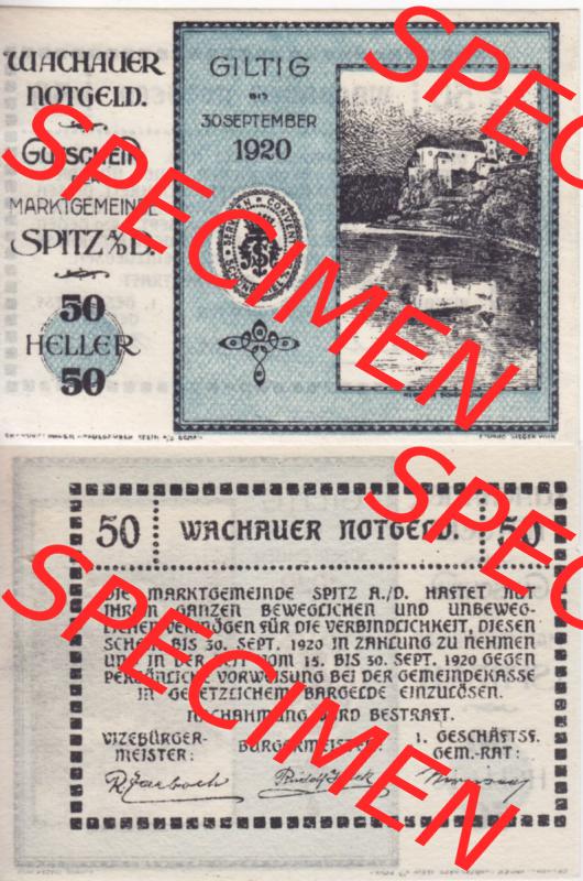 Notgeldscheine Niederösterreich Spitz Wachauer Notgeld 1920, I. 50 Heller. Vorderseite und Rückseite des Notgeldscheins auf einen Digitalen Bild zu katalogisieren der eigenen... Sammlung