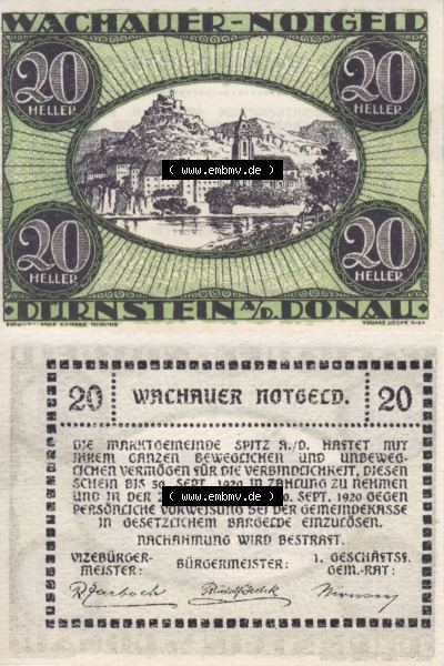 Notgeldscheine Niederösterreich Dürnstein Wachauer Notgeld 1920, 20 Heller. Vorderseite und Rückseite des Notgeldscheins auf... Sammlung