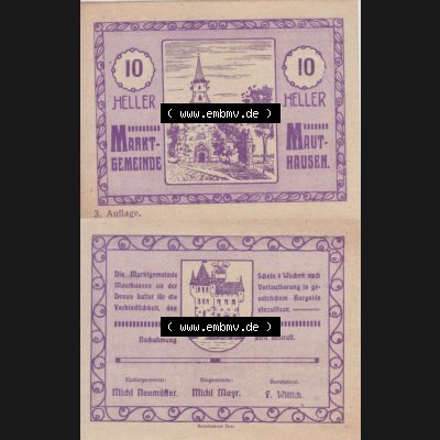 Notgeldscheine Oberösterreich Mauthausen 10 Heller I. Vorderseite und Rückseite auf einen Digitalen Bild des oberösterreichischen Notgeldscheins im online Katalog für private... Sammlung