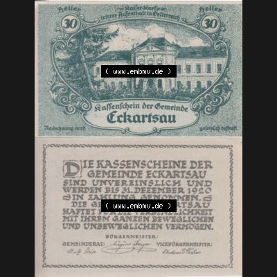 Notgeldscheine Niederösterreich Eckartsau 1920, 30 Heller. Vorderseite und Rückseite des Notgeldscheins auf einen Digitalen Bild zu katalogisieren der eigenen Notgeld-Sammlung im... Sammlung