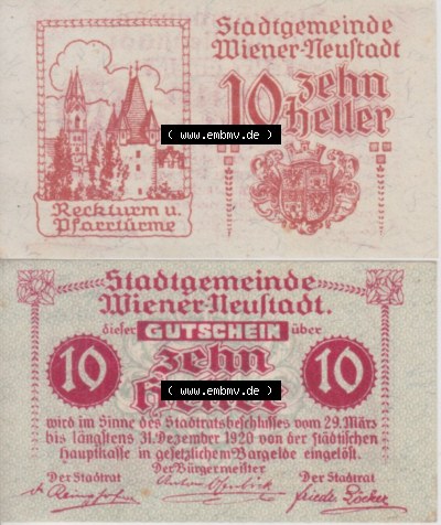 Notgeldscheine Niederösterreich Wiener-Neustadt, Stadt-Gemeinde 1920, 10 Heller. Vorderseite und Rückseite des Notgeldscheins... Sammlung