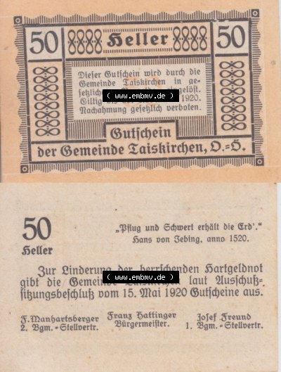 Notgeldscheine Niederösterreich Gemeinde Traiskirchen 1920, 50 Heller II. Vorderseite und Rückseite des Notgeldscheins auf einen... Sammlung
