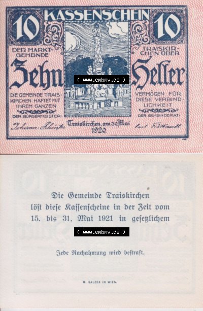 Notgeldscheine Niederösterreich Gemeinde Traiskirchen 1920, 10 Heller. Vorderseite und Rückseite des Notgeldscheins auf einen... Sammlung