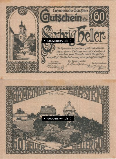 Notgeldscheine Oberösterreich Gemeinde Garsten 192x, 60 Heller. Vorderseite und Rückseite auf einen Digitalen Bild des oberösterreichischen... Sammlung