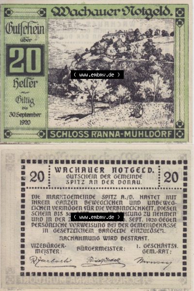Notgeldscheine Niederösterreich Schloss Ranna-Mühldorf 1920, 20 Heller. Vorderseite und Rückseite des Notgeldscheins auf einen... Sammlung