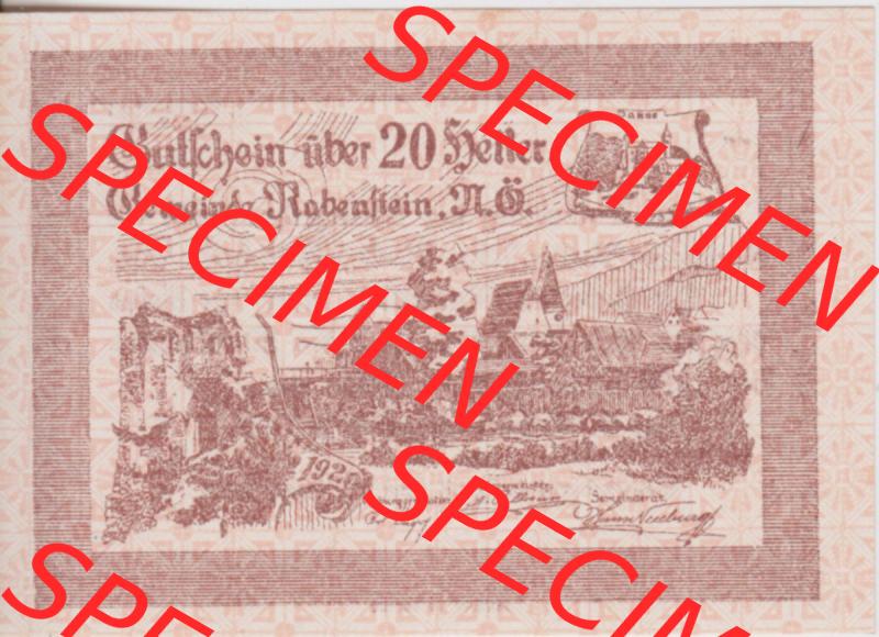 Notgeldscheine Niederösterreich Gemeinde Rabenstein 1920, 20 Heller. Vorderseite des Notgeldscheins im online Katalog auf EMBMV zum katalogisieren der eigenen Sammlung für private... Sammlung