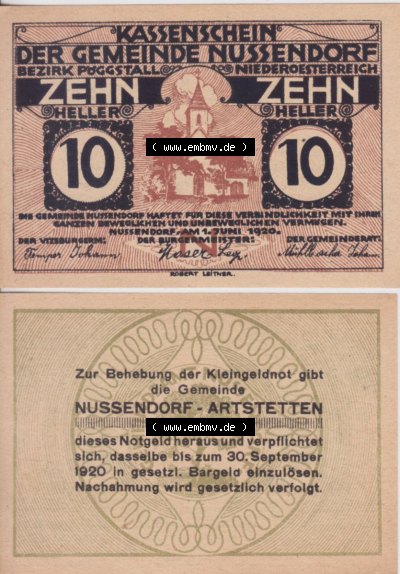Notgeldscheine Niederösterreich Nussendorf - Artstetten 1920, 10 Heller. Vorderseite und Rückseite des Notgeldscheins auf einen... Sammlung