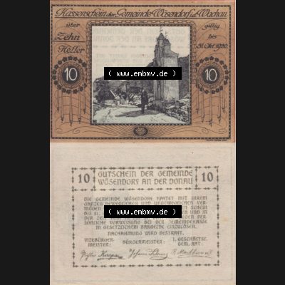 Notgeldscheine Niederösterreich Wösendorf Wachauer Notgeld 1920, 10 Heller. Vorderseite und Rückseite des Notgeldscheins auf einen Digitalen Bild zu katalogisieren der eigenen... Sammlung