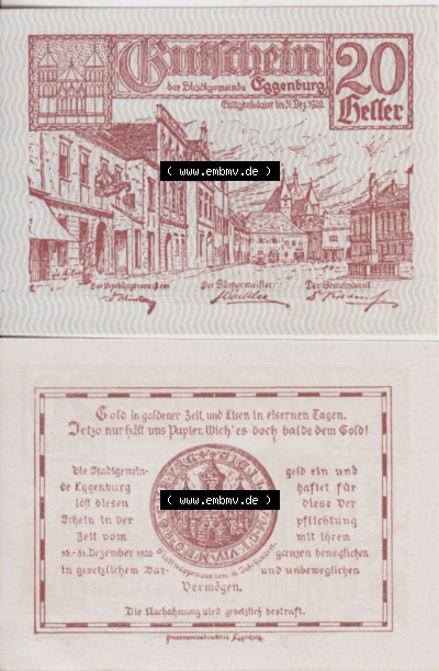 Notgeldscheine Niederösterreich Eggenburg 1920, 20 Heller. Vorderseite und Rückseite des Notgeldscheins auf einen Digitalen... Sammlung