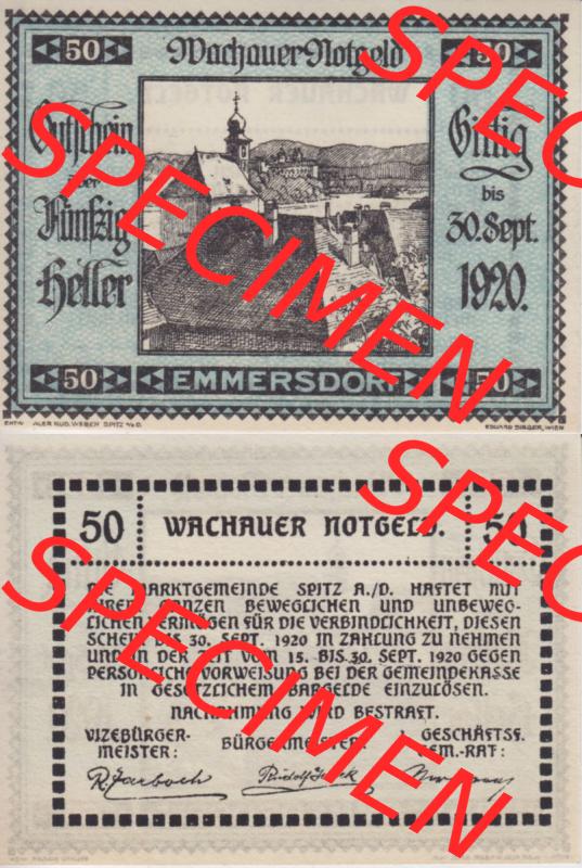 Notgeldscheine Niederösterreich Emmersdorf Wachauer Notgeld 1920, 50 Heller. Vorderseite und Rückseite des Notgeldscheins auf einen Digitalen Bild zu katalogisieren der eigenen Notgeld-Sammlung... Sammlung