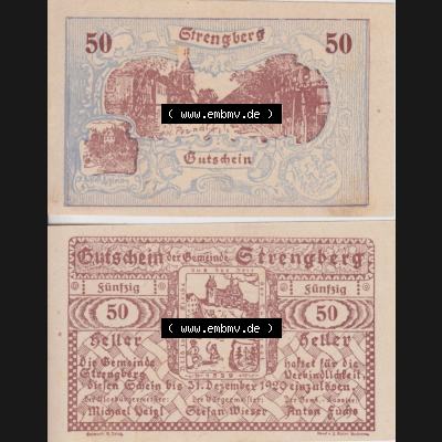 Notgeldscheine Niederösterreich Strengberg, Gemeinde 50 Heller. Vorderseite und Rückseite des Notgeldscheins auf einen Digitalen Bild zu katalogisieren der eigenen Notgeld-Sammlung... Sammlung