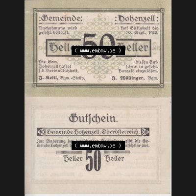 Notgeldscheine Oberösterreich Hohenzell 1920, 50 Heller. Vorderseite und Rückseite auf einen Digitalen Bild des oberösterreichischen Notgeldscheins im online Katalog für... Sammlung