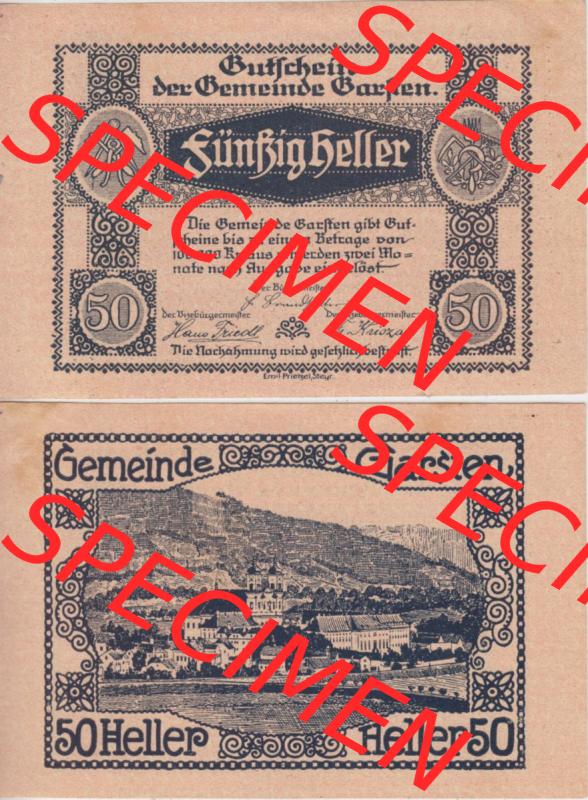 Notgeldscheine Oberösterreich Gemeinde Garsten 50 Heller. Vorderseite und Rückseite auf einen Digitalen Bild des oberösterreichischen Notgeldscheins im online Katalog für private... Sammlung