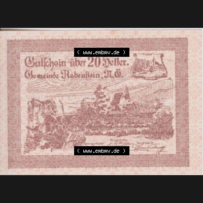 Notgeldscheine Niederösterreich Gemeinde Rabenstein 1920, 20 Heller. Vorderseite des Notgeldscheins im online Katalog auf EMBMV zum katalogisieren der eigenen Sammlung für private... Sammlung