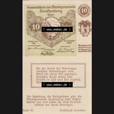 Notgeldscheine Niederösterreich Senftenberg Kassenschein 1920, Serie IV. 10 Heller (3) Sammlung