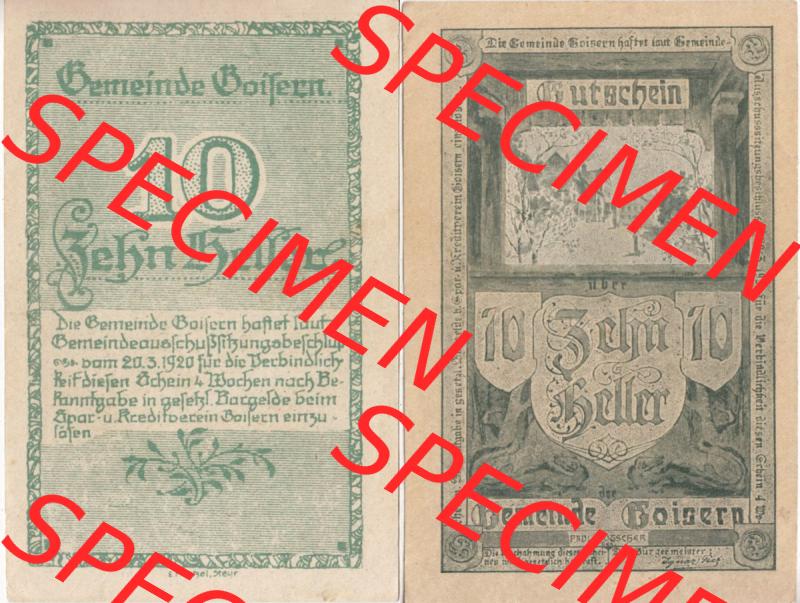 Notgeldscheine Oberösterreich Gemeinde Goisern 10 Heller. Vorderseite und Rückseite auf einen Digitalen Bild des oberösterreichischen Notgeldscheins im online Katalog für private... Sammlung