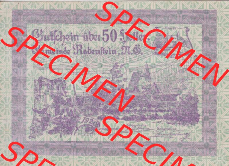 Notgeldscheine Niederösterreich Gemeinde Rabenstein 1920, 50 Heller. Vorderseite des Notgeldscheins im online Katalog auf EMBMV zum katalogisieren der eigenen Sammlung für private... Sammlung