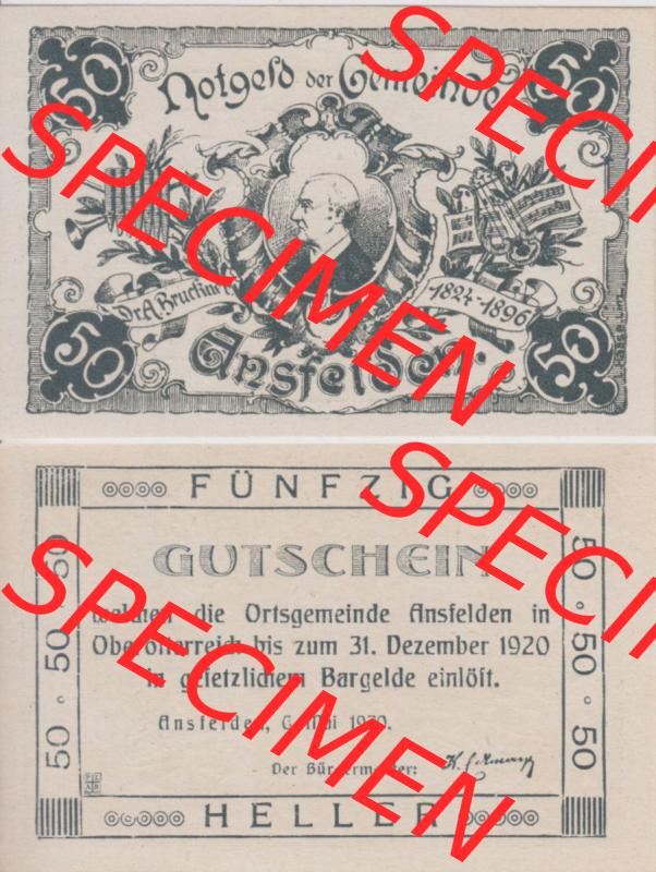 Notgeldscheine Oberösterreich Ansfelden Ortsgemeinde 1920, 50 Heller. Vorderseite und Rückseite auf einen Digitalen Bild des oberösterreichischen Notgeldscheins im online Katalog... Sammlung