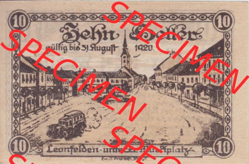 Notgeldscheine Oberösterreich Leonfelden, Markt-Gemeinde 1920, 10 Heller. Vorderseite des oberösterreichischen Notgeldscheins im online Katalog auf EMBMV zum katalogisieren... Sammlung