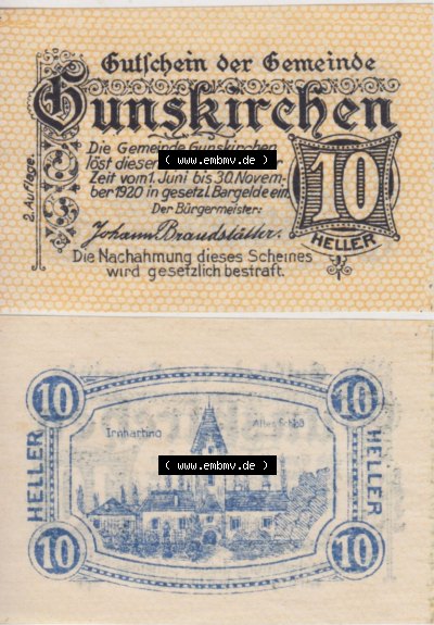 Notgeldscheine Oberösterreich Gunskirchen, Gemeinde 1920, 10 Heller. Vorderseite und Rückseite auf einen Digitalen Bild des... Sammlung