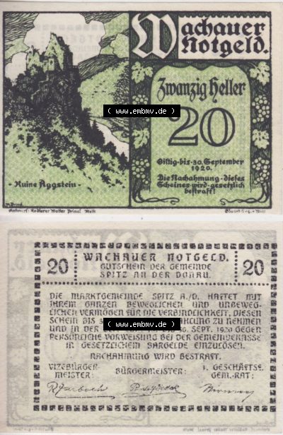 Notgeldscheine Niederösterreich Aggstein Wachauer Notgeld 1920, 20 Heller. Vorderseite und Rückseite des Notgeldscheins auf... Sammlung