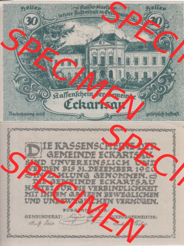 Notgeldscheine Niederösterreich Eckartsau 1920, 30 Heller. Vorderseite und Rückseite des Notgeldscheins auf einen Digitalen Bild zu katalogisieren der eigenen Notgeld-Sammlung im... Sammlung