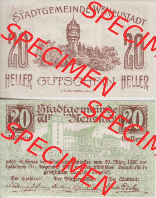 Notgeldscheine Niederösterreich Wiener-Neustadt, Stadt-Gemeinde 1920, 20 Heller. Vorderseite und Rückseite des Notgeldscheins auf einen Digitalen Bild zu katalogisieren der... Sammlung