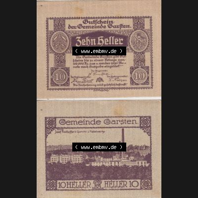Notgeldscheine Oberösterreich Gemeinde Garsten 192x, 10 Heller. Vorderseite und Rückseite auf einen Digitalen Bild des oberösterreichischen Notgeldscheins im online Katalog... Sammlung