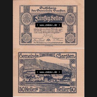 Notgeldscheine Oberösterreich Gemeinde Garsten 192x, 50 Heller. Vorderseite und Rückseite auf einen Digitalen Bild des oberösterreichischen Notgeldscheins im online Katalog... Sammlung