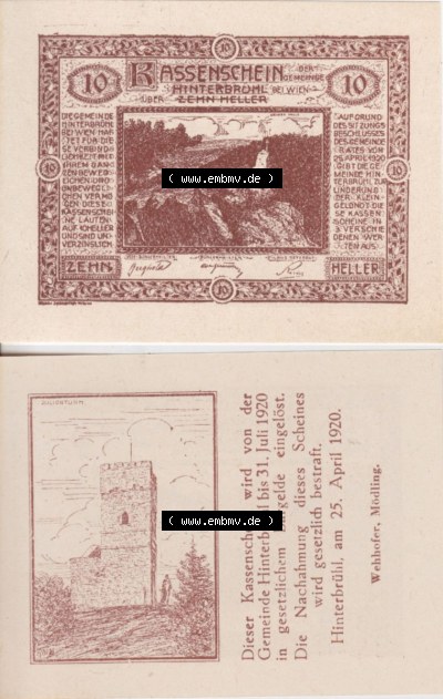Notgeldscheine Niederösterreich Hinterbrühl 1920, 10 Heller II. Vorderseite und Rückseite des Notgeldscheins auf einen Digitalen... Sammlung