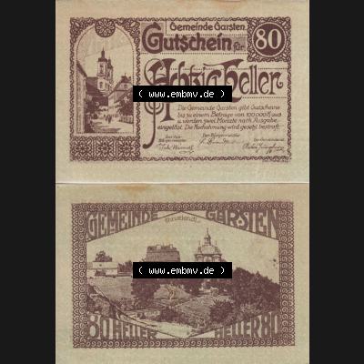 Notgeldscheine Oberösterreich Gemeinde Garsten 80 Heller. Vorderseite und Rückseite auf einen Digitalen Bild des oberösterreichischen Notgeldscheins im online Katalog für private... Sammlung