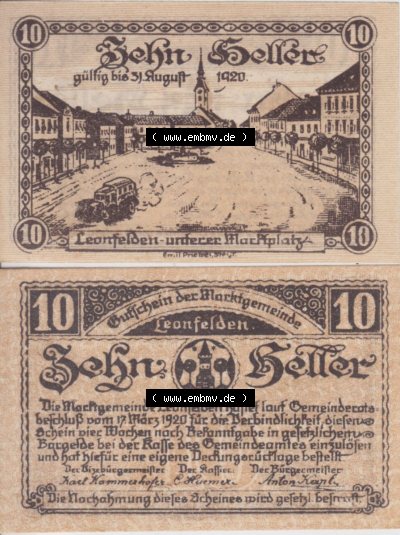 Notgeldscheine Oberösterreich Leonfelden, Markt-Gemeinde 1920, 10 Heller. Vorderseite und Rückseite auf einen Digitalen Bild... Sammlung