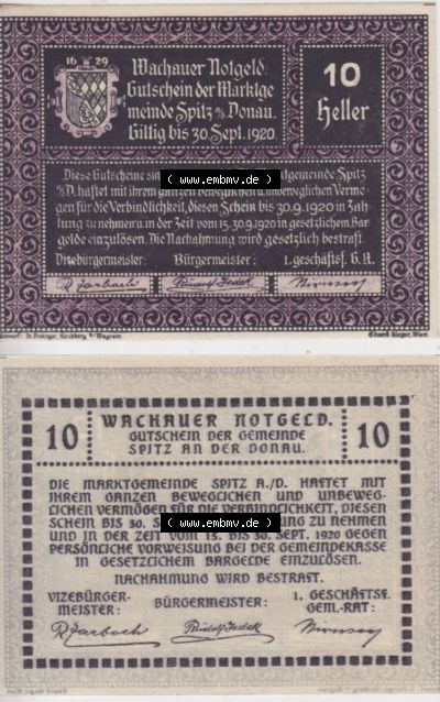Notgeldscheine Niederösterreich Spitz Wachauer Notgeld 1920, 10 Heller. Vorderseite und Rückseite des Notgeldscheins auf einen... Sammlung
