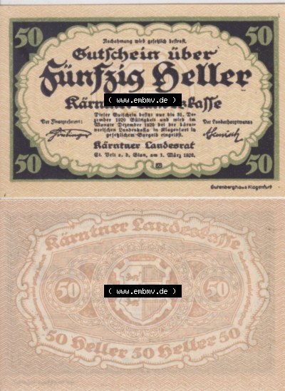 Notgeldscheine Kärnten Kärntner Landeskasse 1920, 50 Heller. Vorderseite und Rückseite des Notgeldscheins auf einen Digitalen... Sammlung